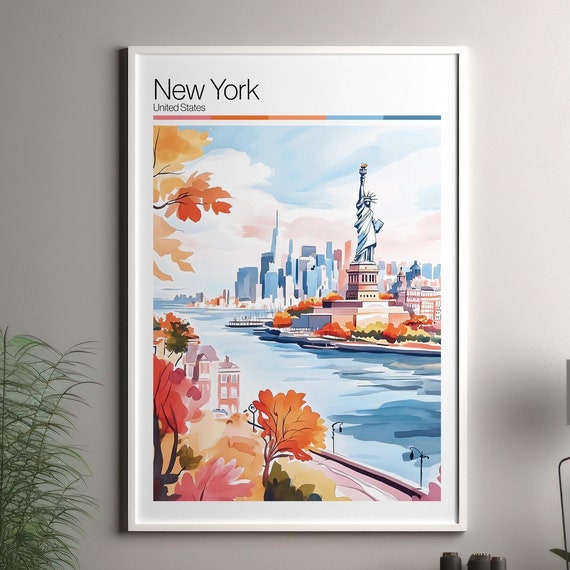 New York Print Soft Colors Travel Poster Colourful Wall Art United States City Decor For