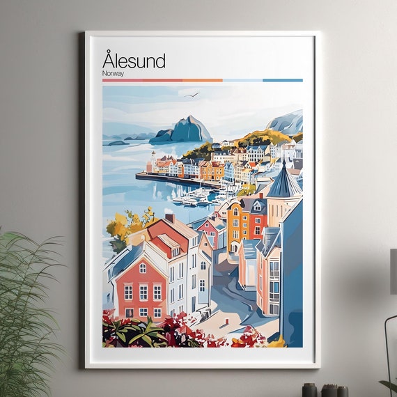 Lesund Print Soft Colors Travel Poster Colourful Wall Art Norway City Decor For