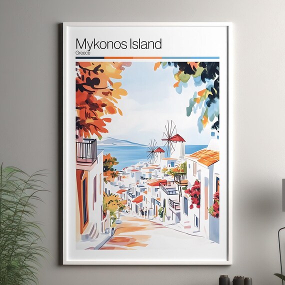 Mykonos Island Greece Windmills Whitewashed Streets Travel Poster Gift