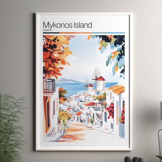 Mykonos Island Soft Colors Travel Poster Print Colourful Wall Art Greece City Decor