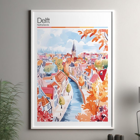 Delft Print Soft Colors Travel Poster Colourful Wall Art Netherlands City Decor For