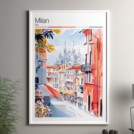 Milan Italy Travel Poster Watercolor Duomo Cathedral Street Scene