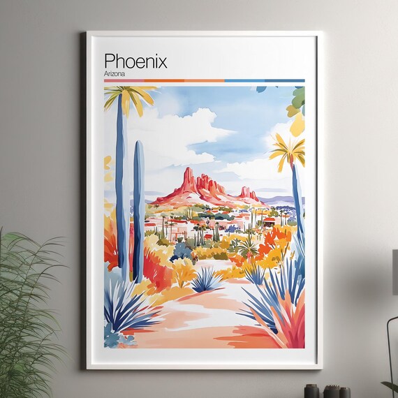 Phoenix Arizona Desert Saguaro Cactus Red Rock Watercolor Travel Poster