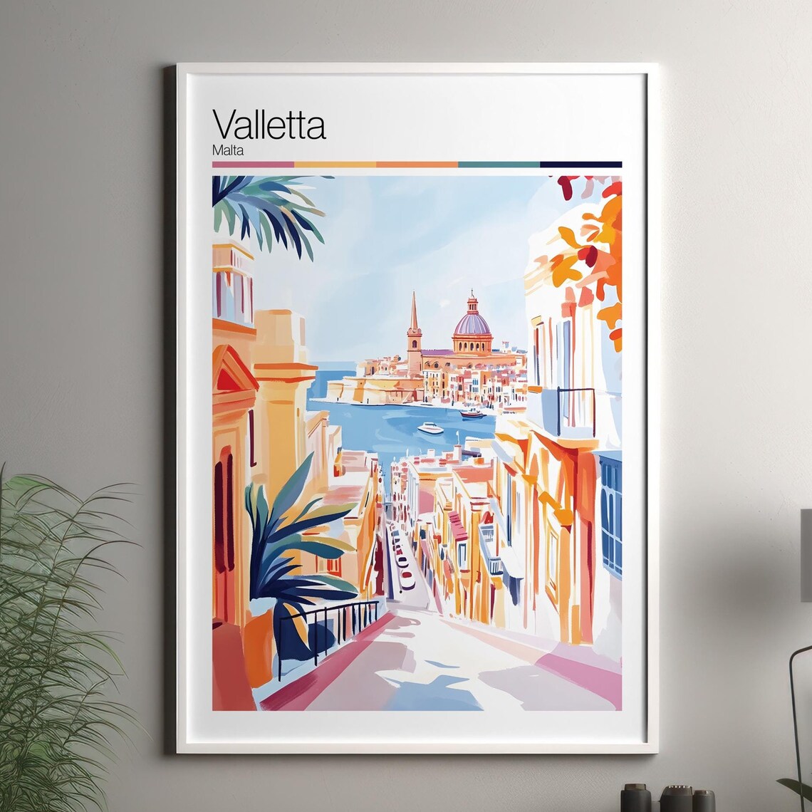Valletta Malta Old Street Watercolor Harbor View Seaside Travel Poster