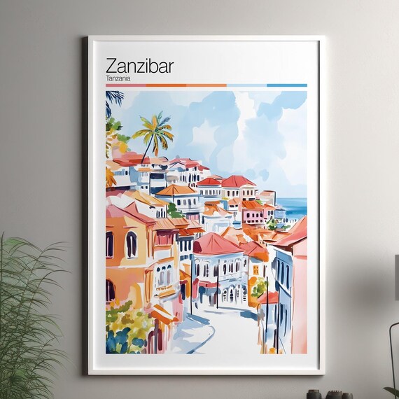 Zanzibar Tanzania Watercolor Travel Poster Pastel Town Palm Trees Street Scene