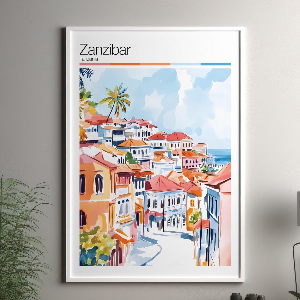 Zanzibar Tanzania Watercolor Travel Poster Pastel Town Palm Trees Street Scene