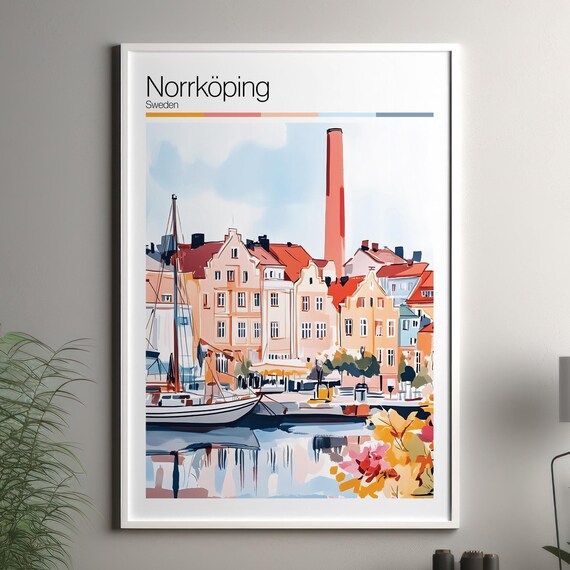 Norrkoping Sweden Harbor Sailboat Colorful Waterfront Travel Poster