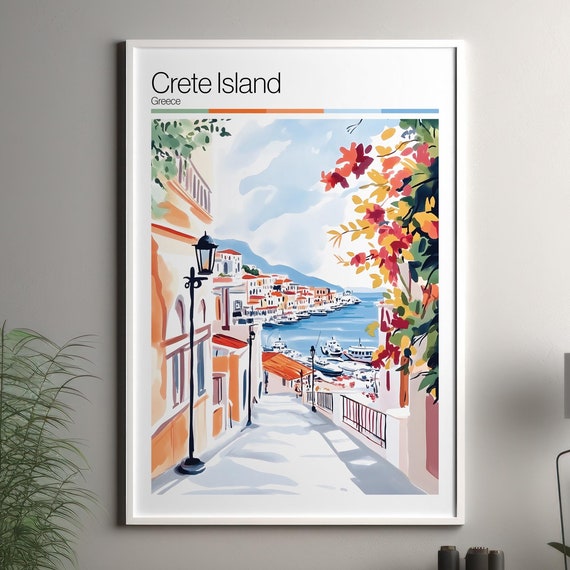 Crete Island Print Soft Colors Travel Poster Colourful Wall Art Greece City Decor
