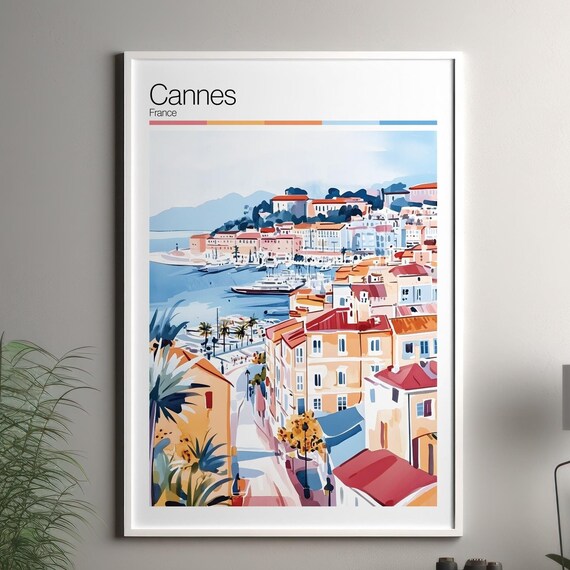 Cannes France Harbor Red Roofs Watercolor Riviera Travel Poster
