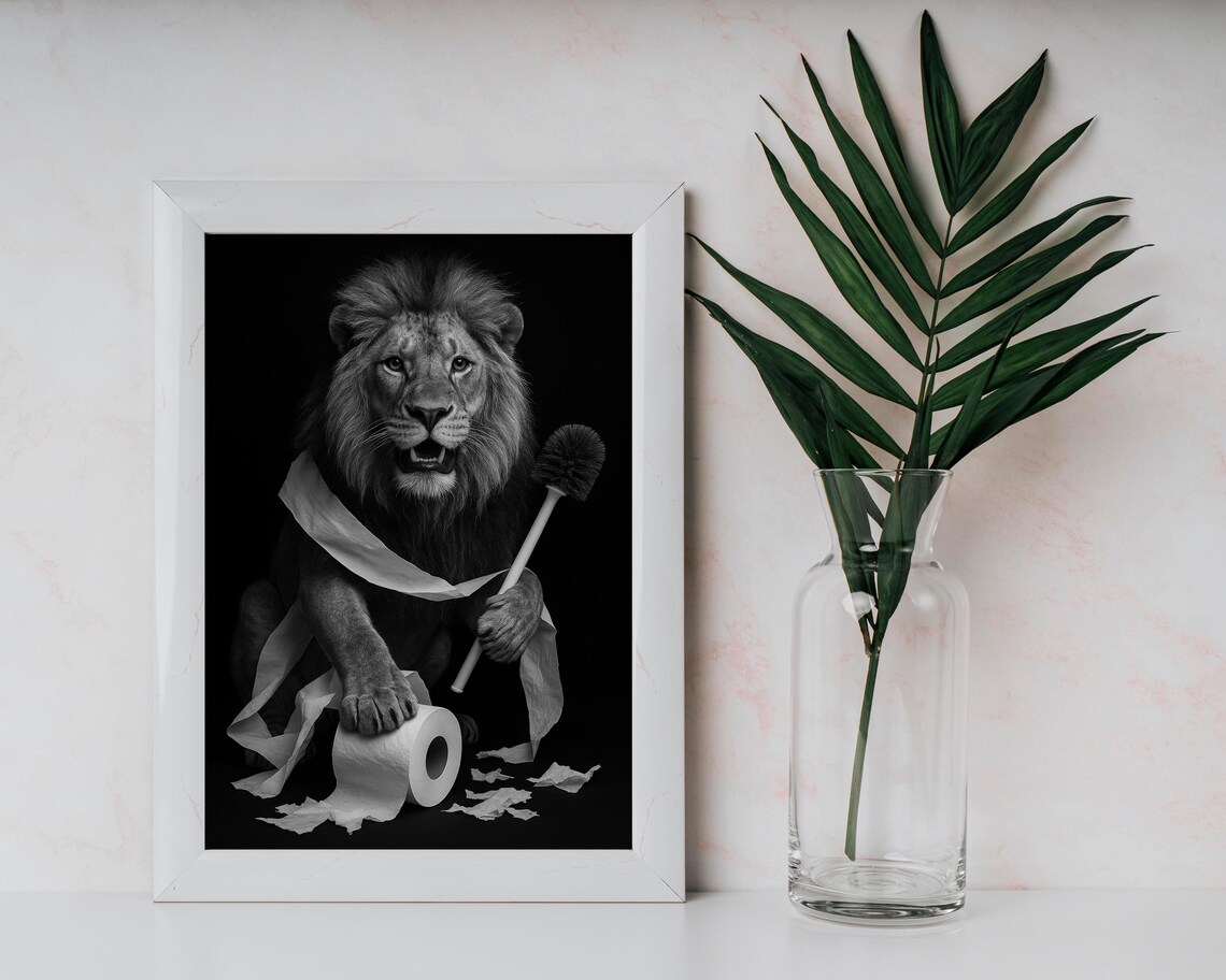 Funny Lion Bathroom Black And White Toilet Paper Animal Poster