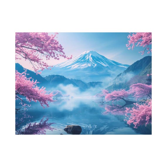 Mountain Canvas Print Cherry Blossom Lake Scenic Nature Art