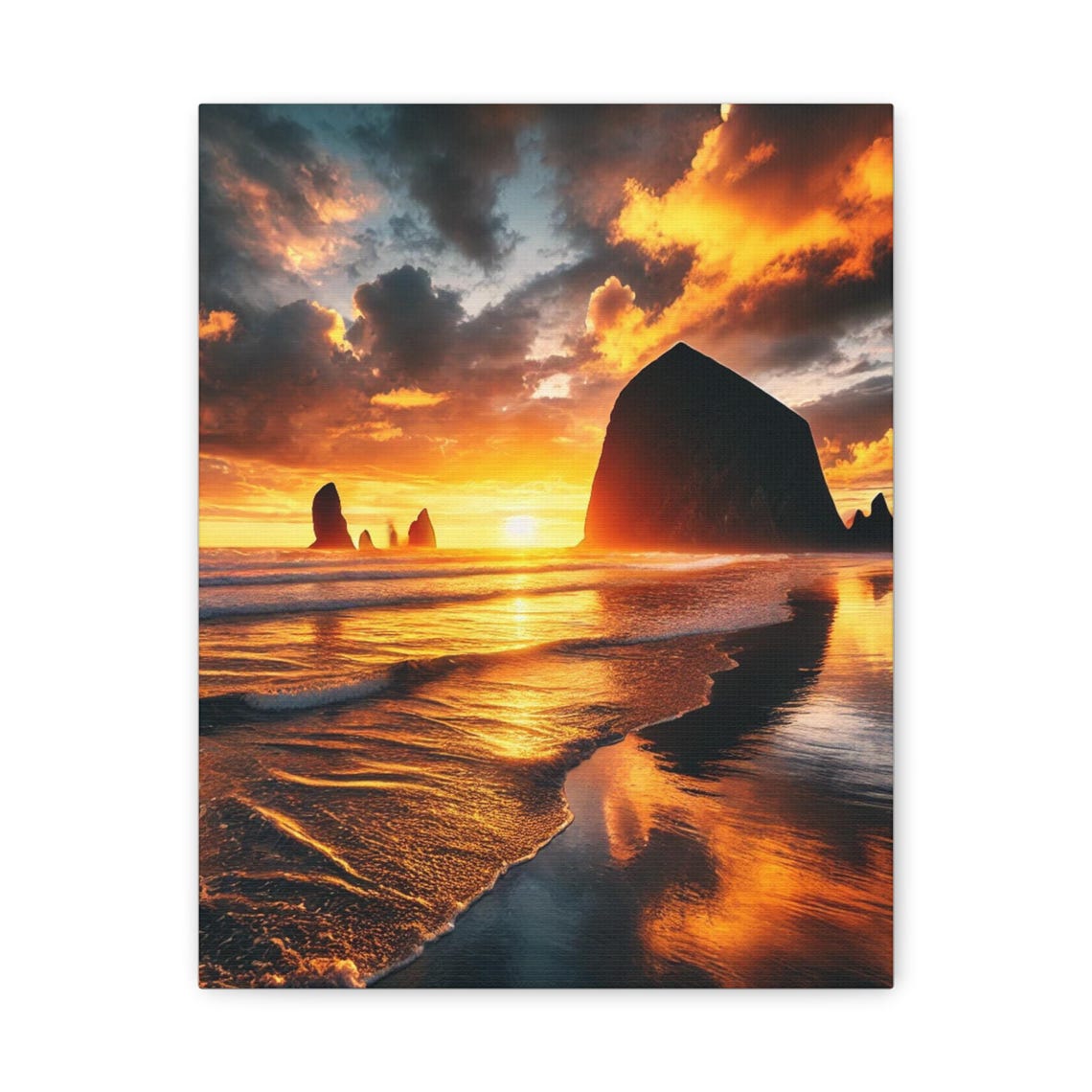 Ocean Sunset Waves Breaking on Towering Dark Sea Stacks Poster