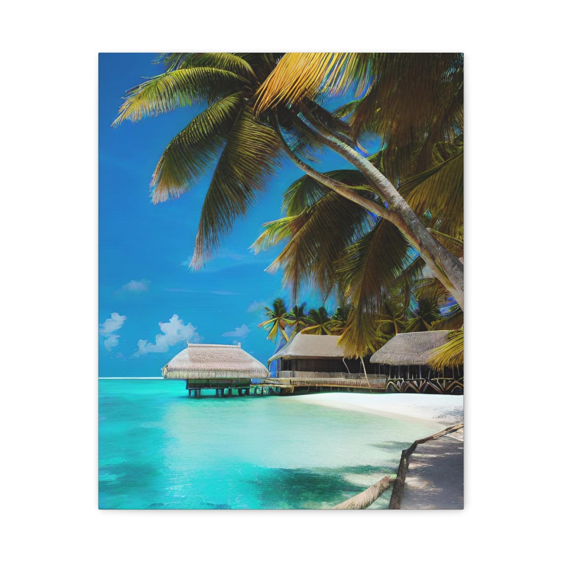 Tropical Beach Overwater Huts White Sand Turquoise Sea Palms Poster