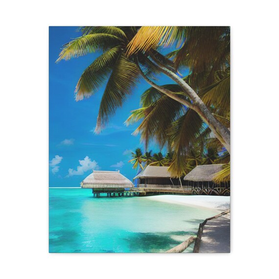 Tropical Beach Overwater Huts White Sand Turquoise Sea Palms Poster