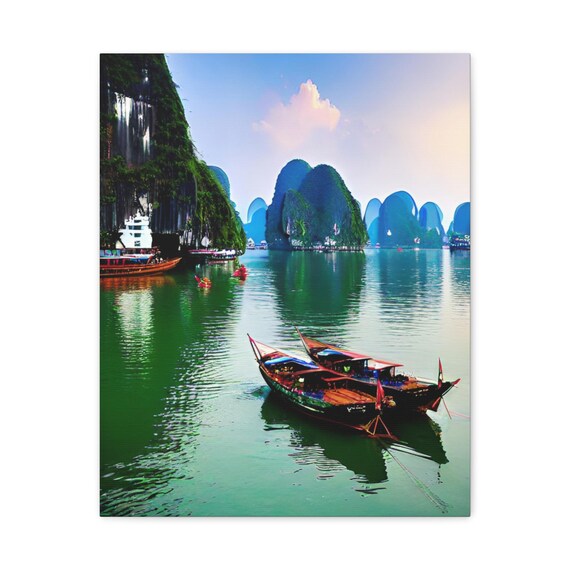 Ha Long Bay Limestone Karsts With Wooden Boats Calm Waters Wall Art