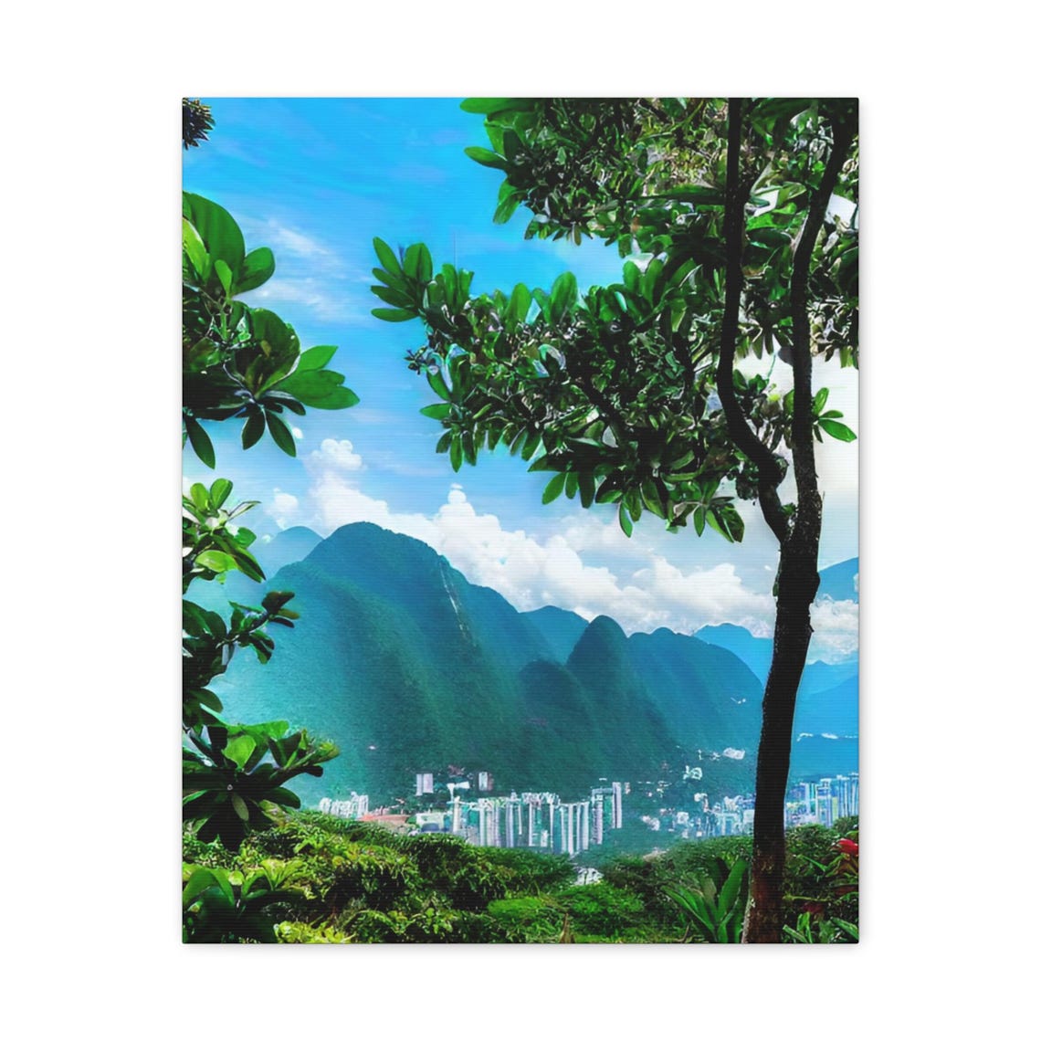 Lush Green Mountain Peaks City View Tropical Foliage Frame Poster