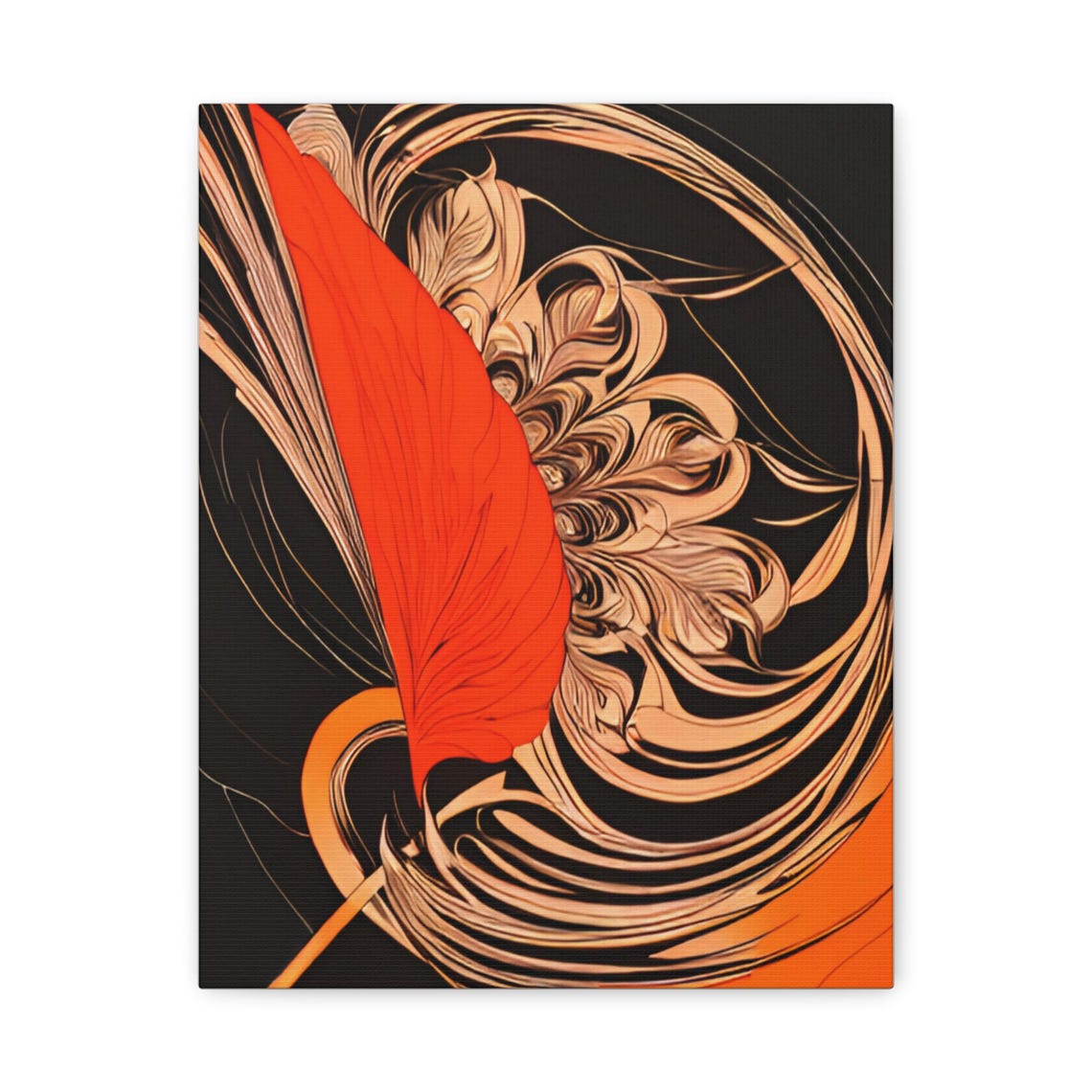 Vivid Red Petal Abstract Floral with Gold Swirls on Black Poster