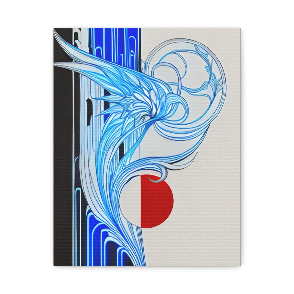 Blue Flowing Line Art with Red Sun Abstract Modern Design Poster