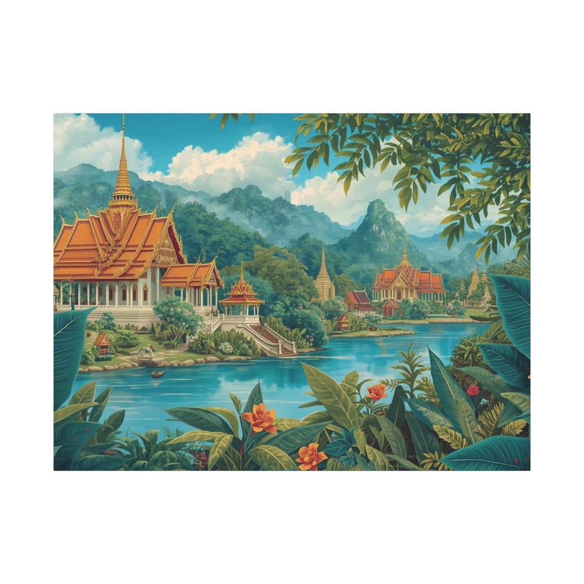 Golden Thai Temple Lake Garden Tropical Palace Painting Poster