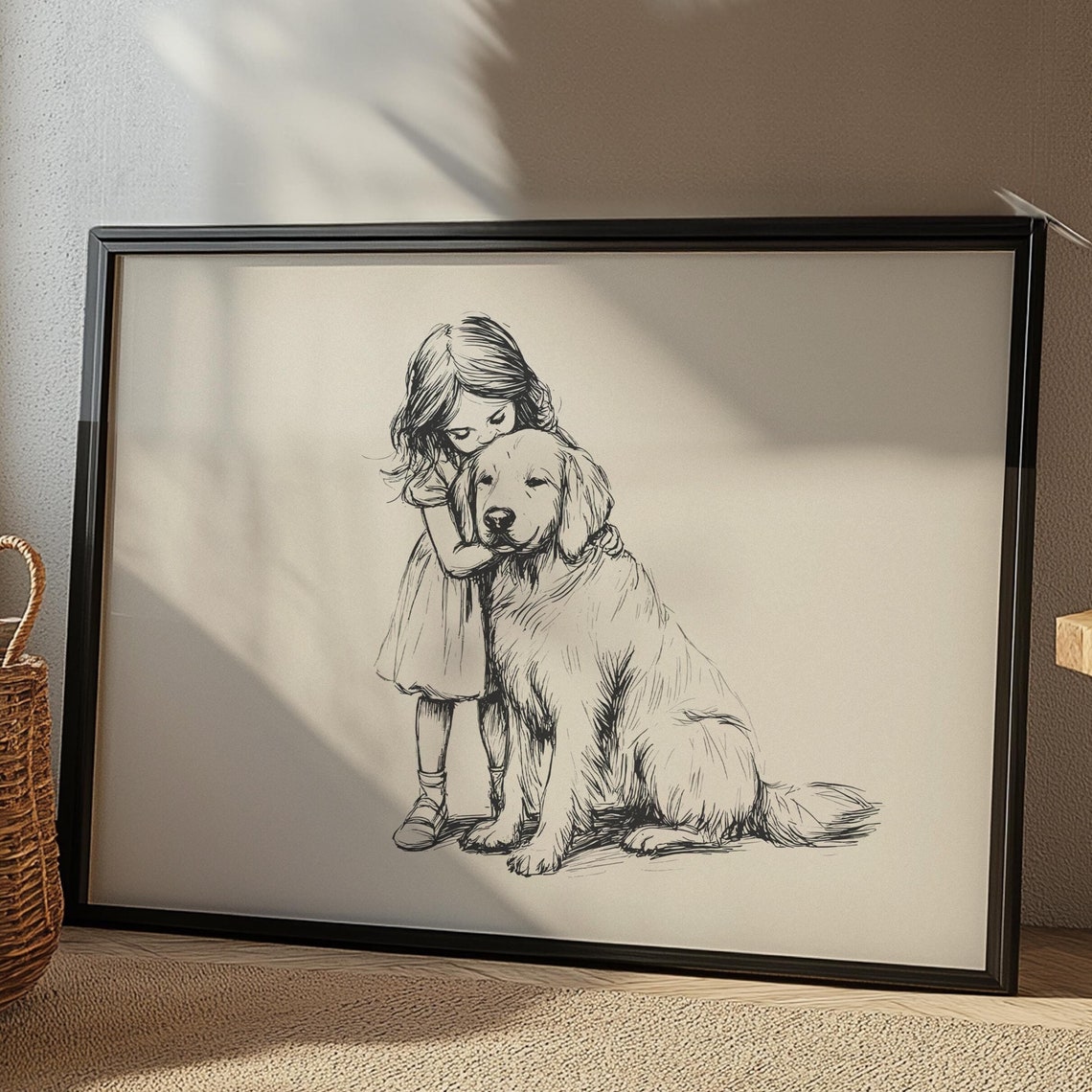Girl And Golden Retriever Nursery Print Dog Vintage Poster Girls Nursery Art Retro Dog Drawing Dog Art Sketch Baby Room Wall Decor