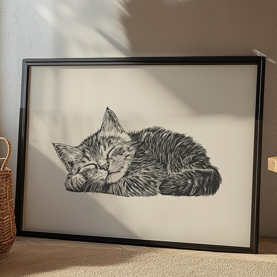Sleeping Tabby Kitten Ink Sketch Cozy Curled Up Cat Art Poster