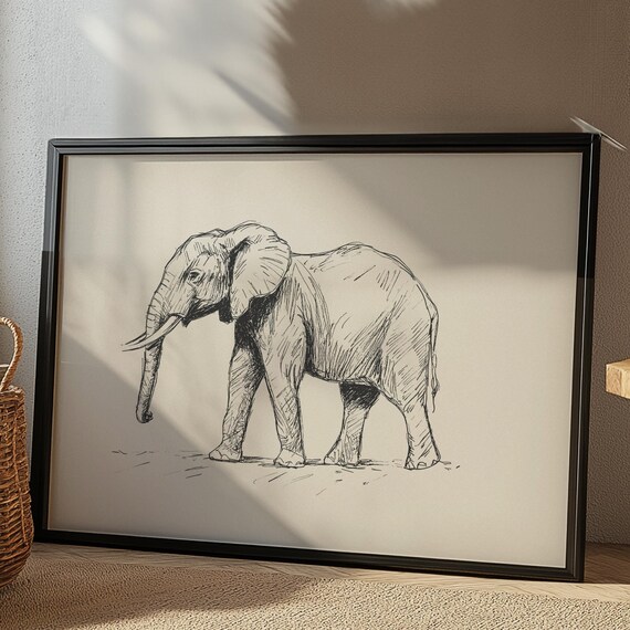 Elephant Walking Profile Minimal Ink Sketch Safari Animal Poster
