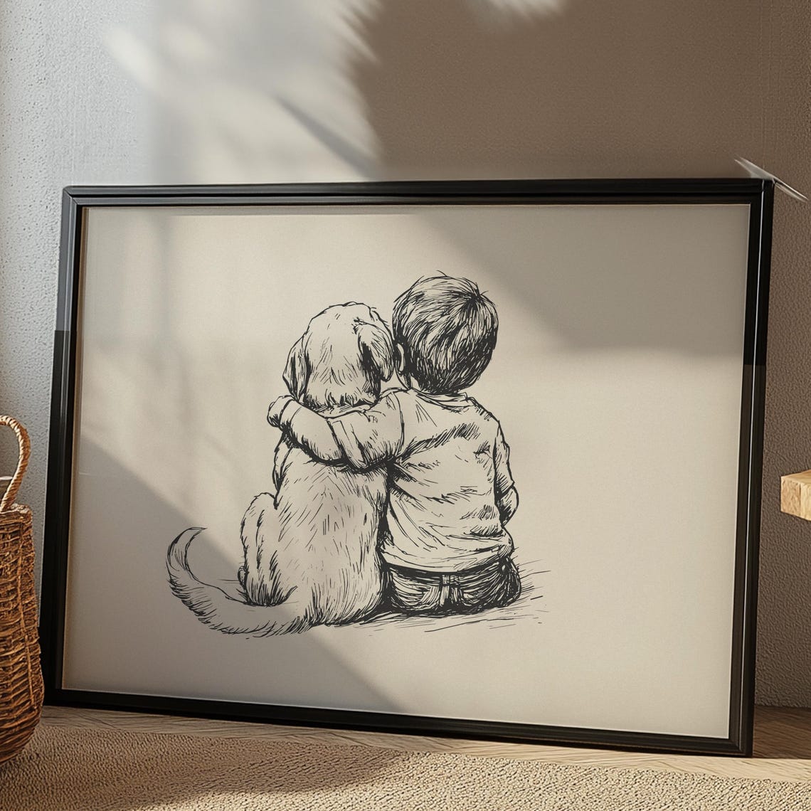 Little Boy With Golden Retriever Puppy Print Dog Sketch Art Nursery Vintage Poster Dog Retro Drawing Kids Room Decor Boys Nursery Decor