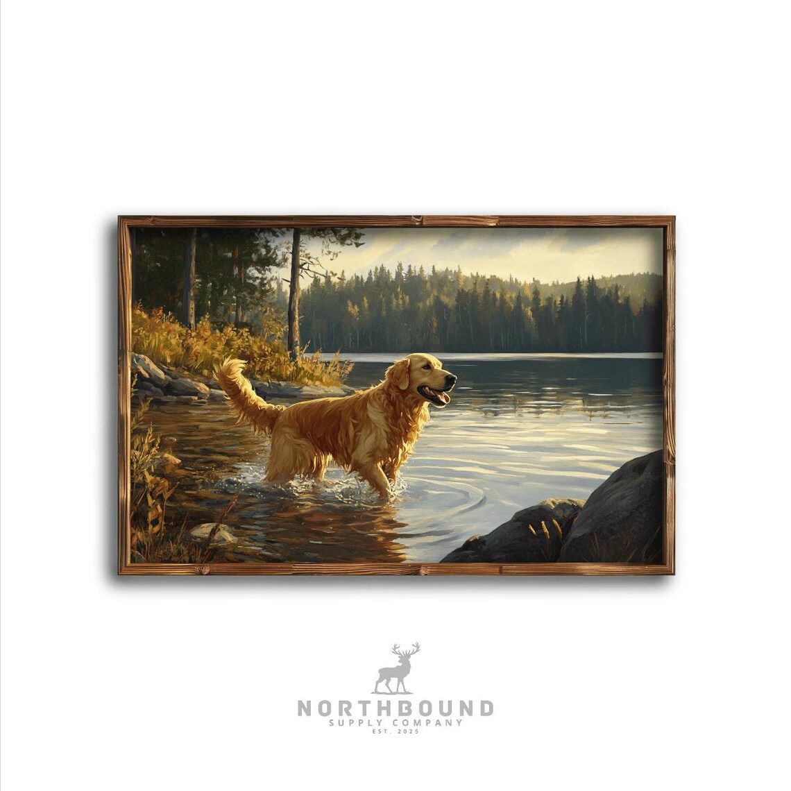 Golden Retriever Splashing In Lake Water At Sunset Painting Poster