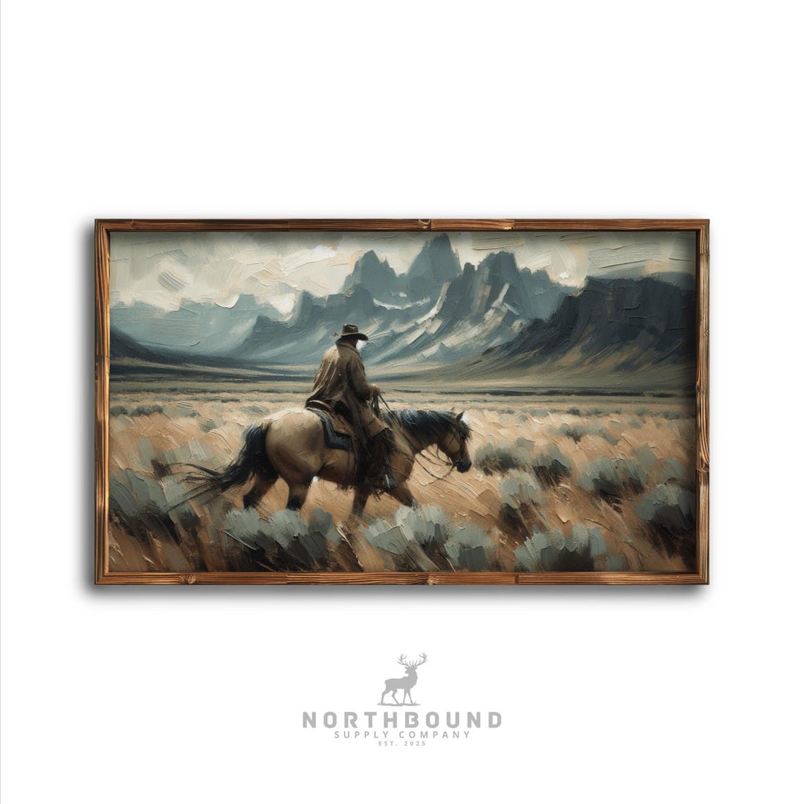 Lone Cowboy Print Landscape Art Impressionistic Acrylic Artwork Moody Earthy Tones Western Wall Decor