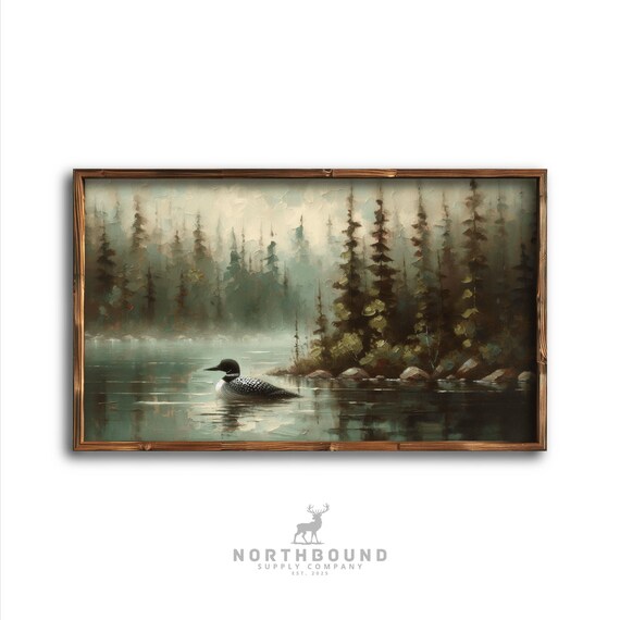 Loon on Misty Pine Pond Foggy Northwoods Wildlife Art Poster