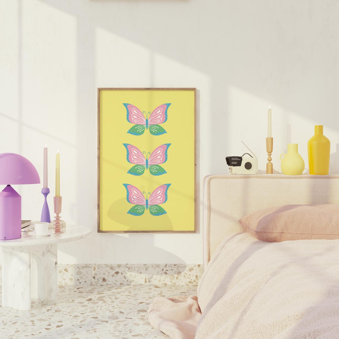 Colorful Butterfly Trio Yellow Background Playful Preppy Wall Poster - Image 2