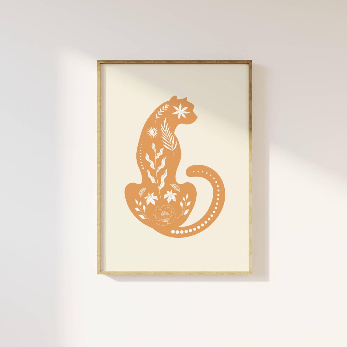 Terracotta Leopard Botanical Floral Silhouette Earthy Cat Print