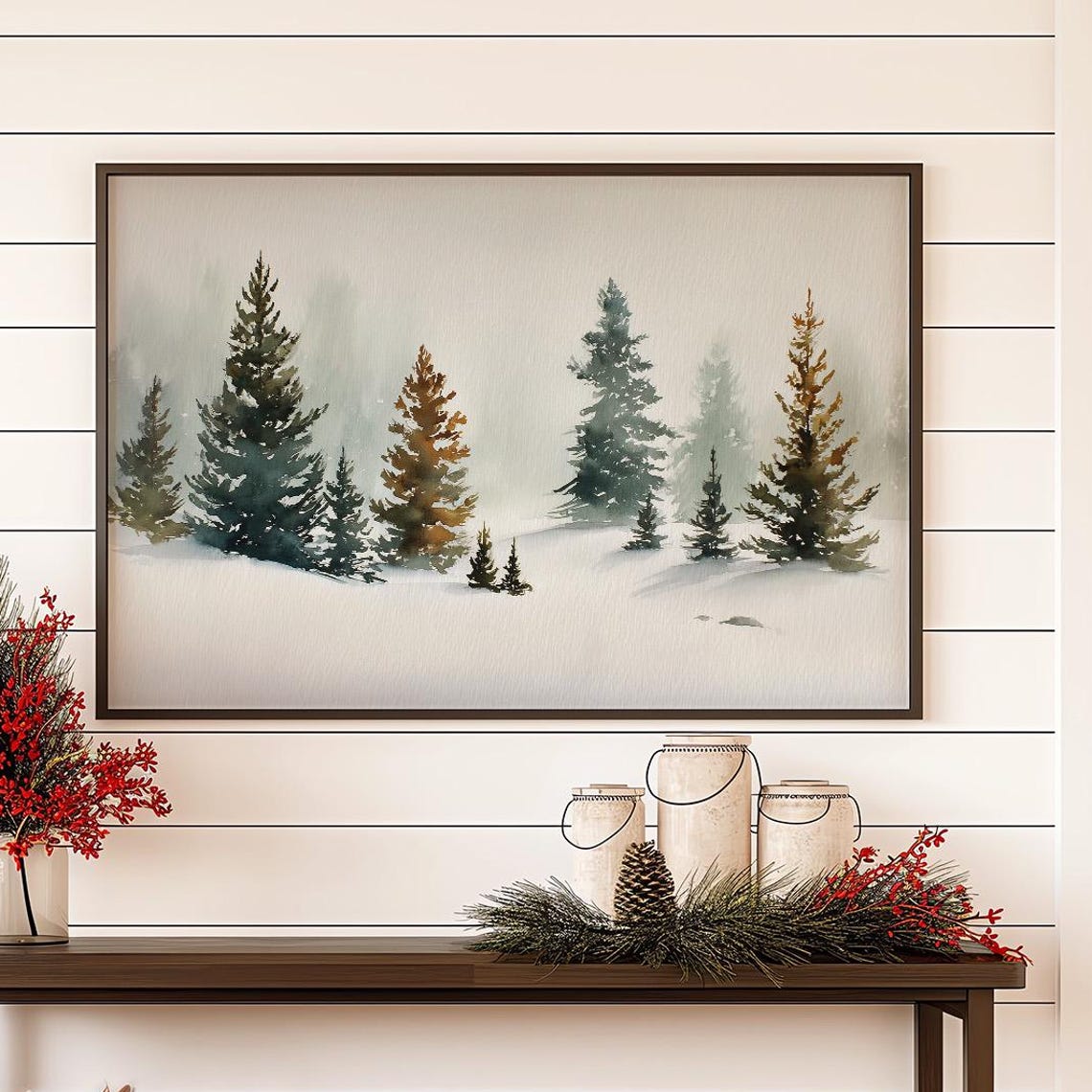 Snowy Pine Trees in Winter Mist Soft Watercolor Landscape Poster
