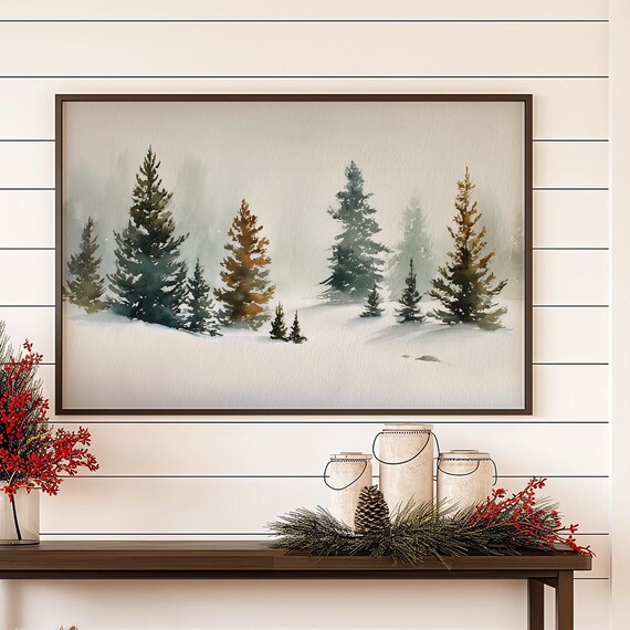 Snowy Pine Trees in Winter Mist Soft Watercolor Landscape Poster