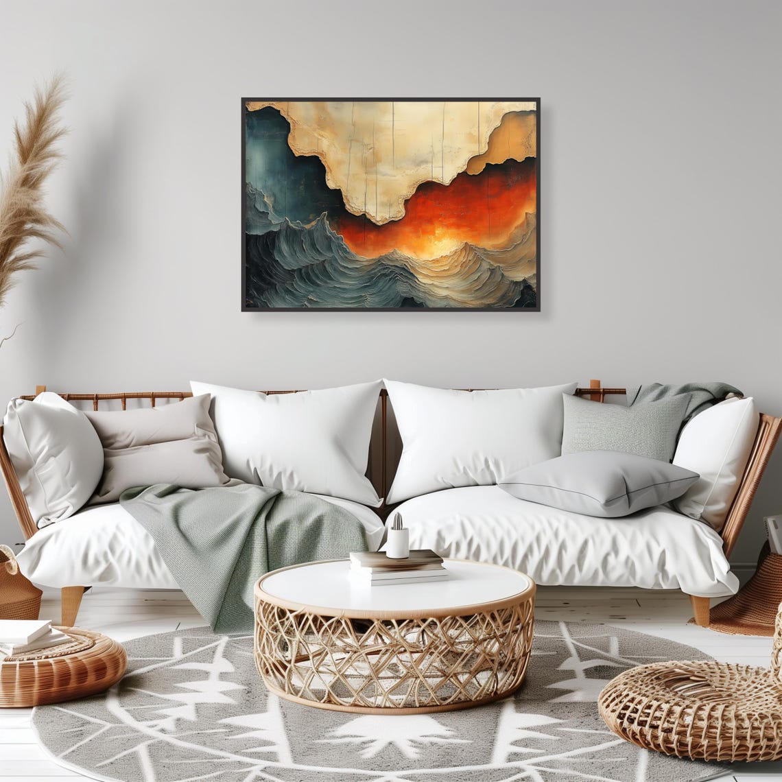 Dramatic Ocean Waves Sunset Sky Textured Abstract Art Poster - Image 2