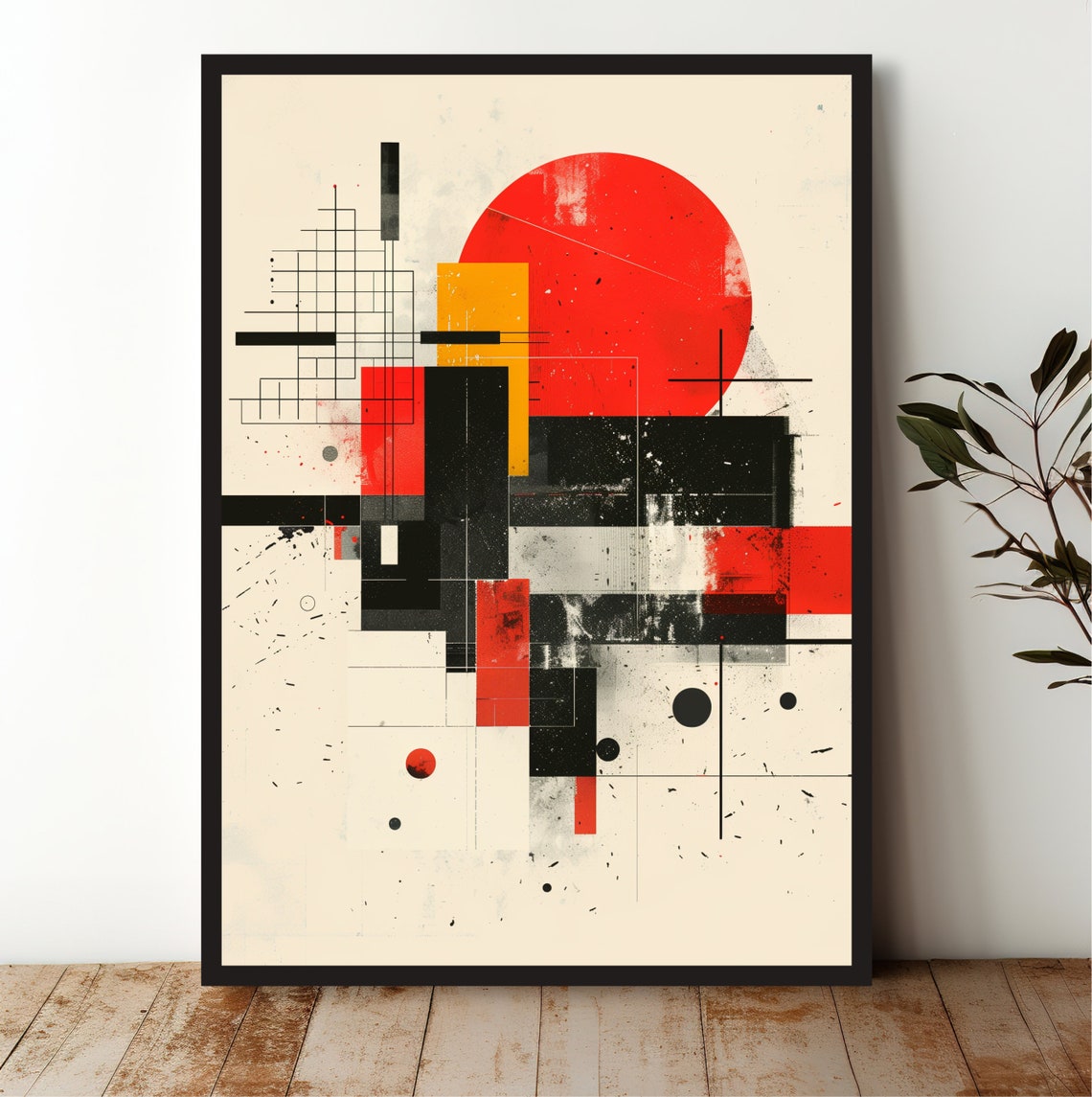 Grunge Red Sun Geometric Abstract Black Cream Modern Art Poster