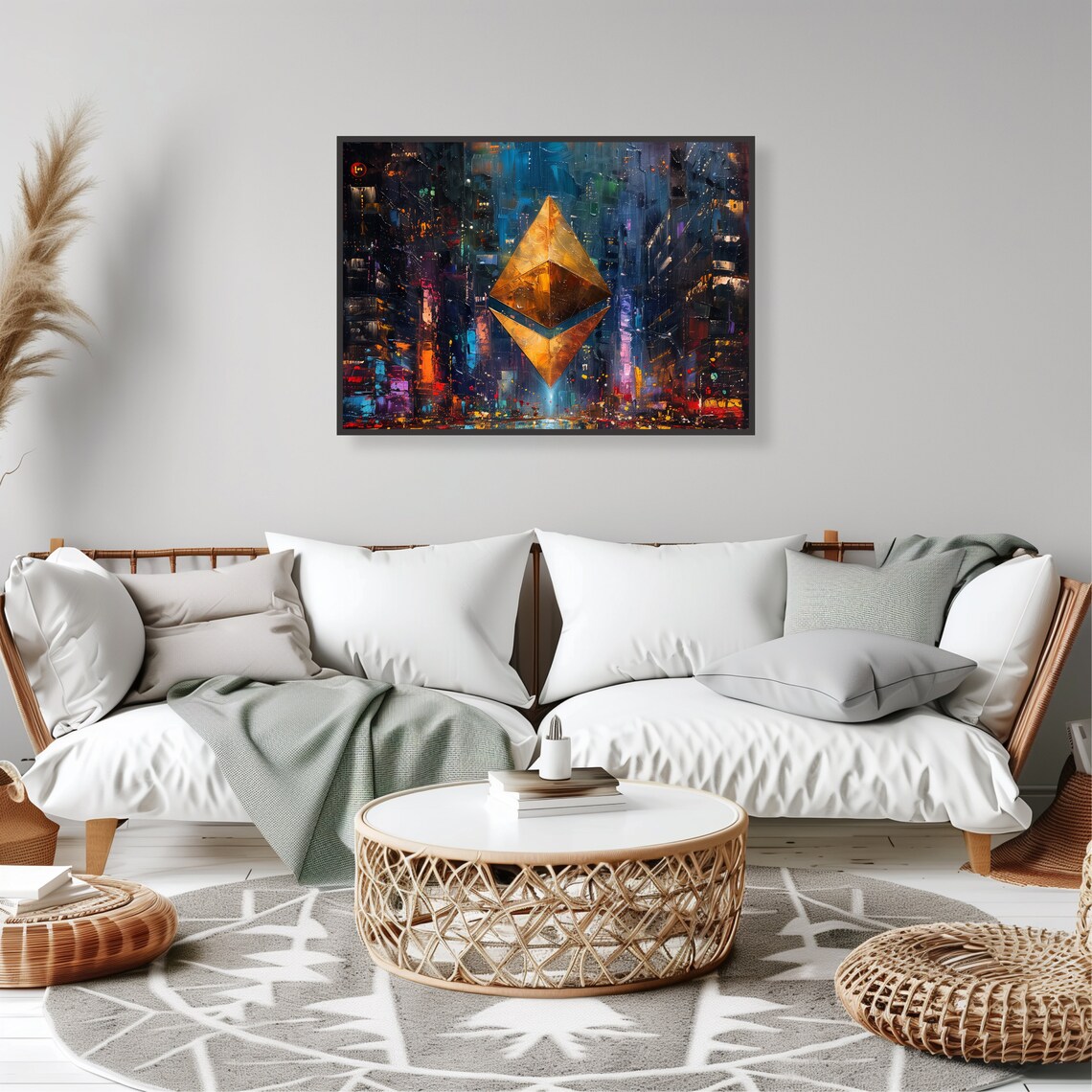 Golden Ethereum Crypto Logo Futuristic Rainy Cityscape Art Print - Image 2