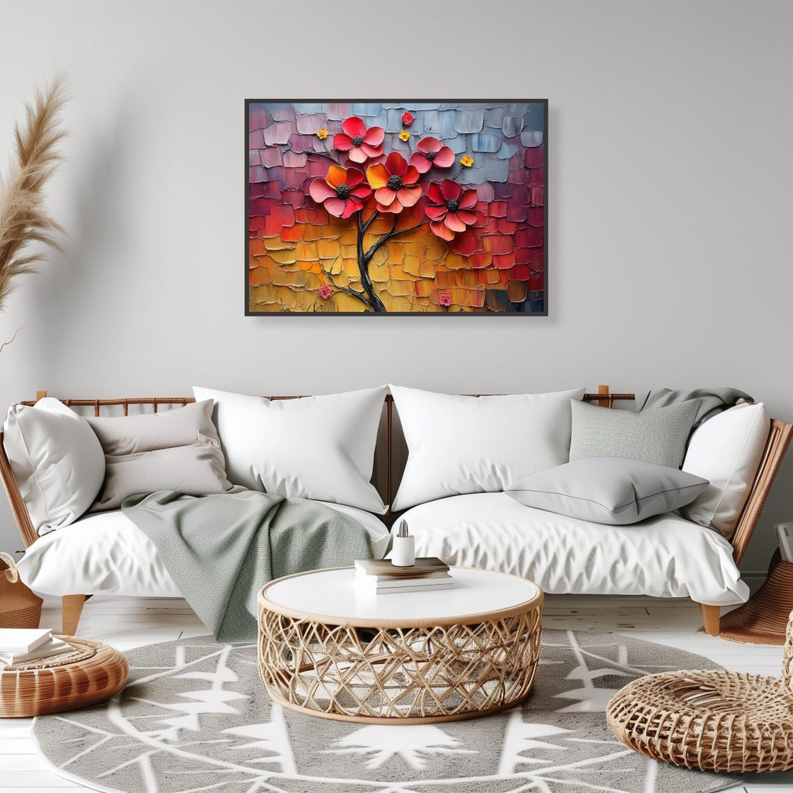 Impasto Blossom Tree Red and Gold Textured Floral Art Poster - Image 2