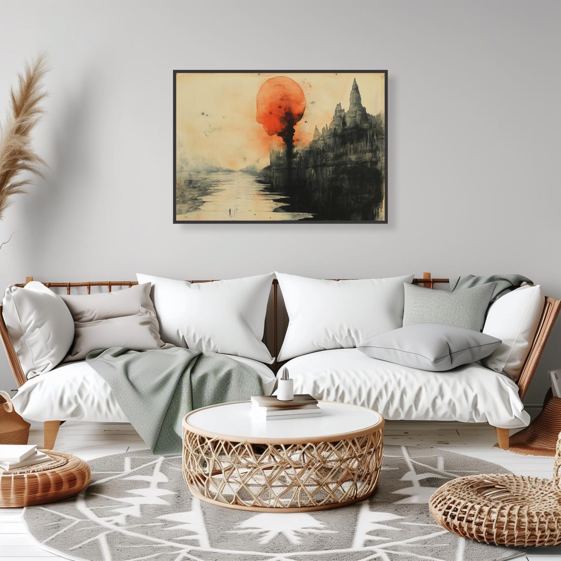 Surreal Red Sun Face Profile Over Dreamlike Coastline Wall Art - Image 2