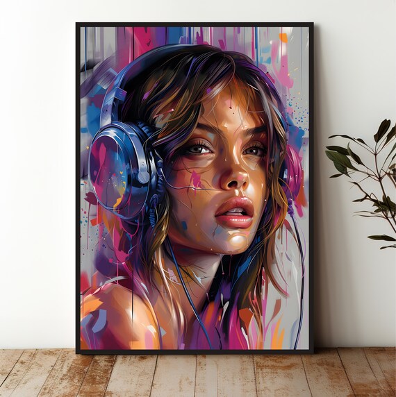 Graffiti Girl Wearing Headphones Colorful Urban Pop Art Music Lover Poster