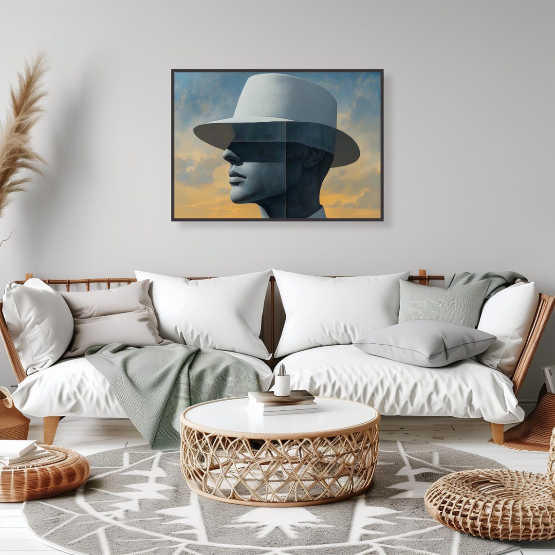 Man in White Hat Grayscale Surreal Desert Portrait Art Print - Image 2