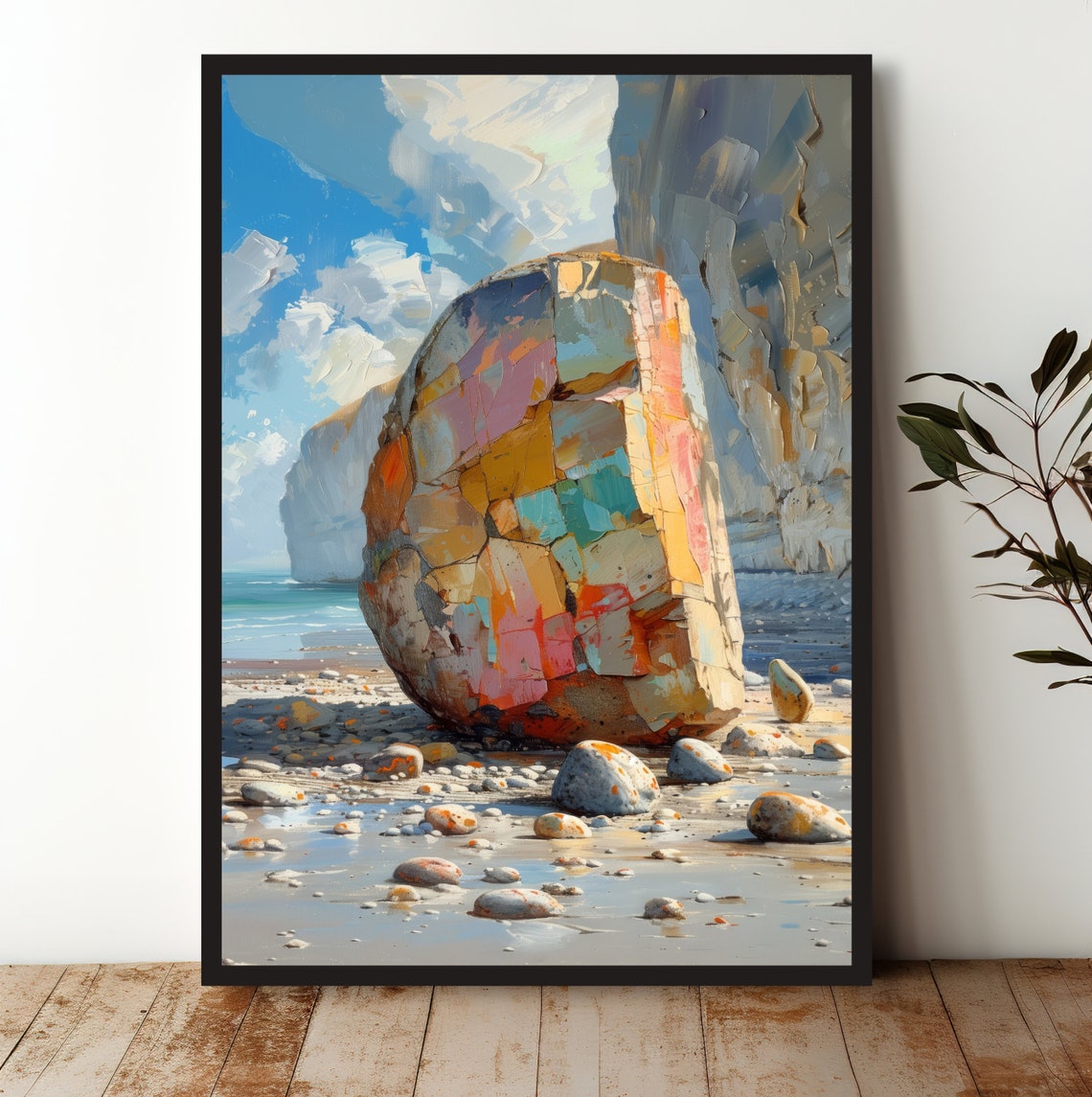 Colorful Painted Boulder Coastal Beach Cliffs Landscape Art Poster