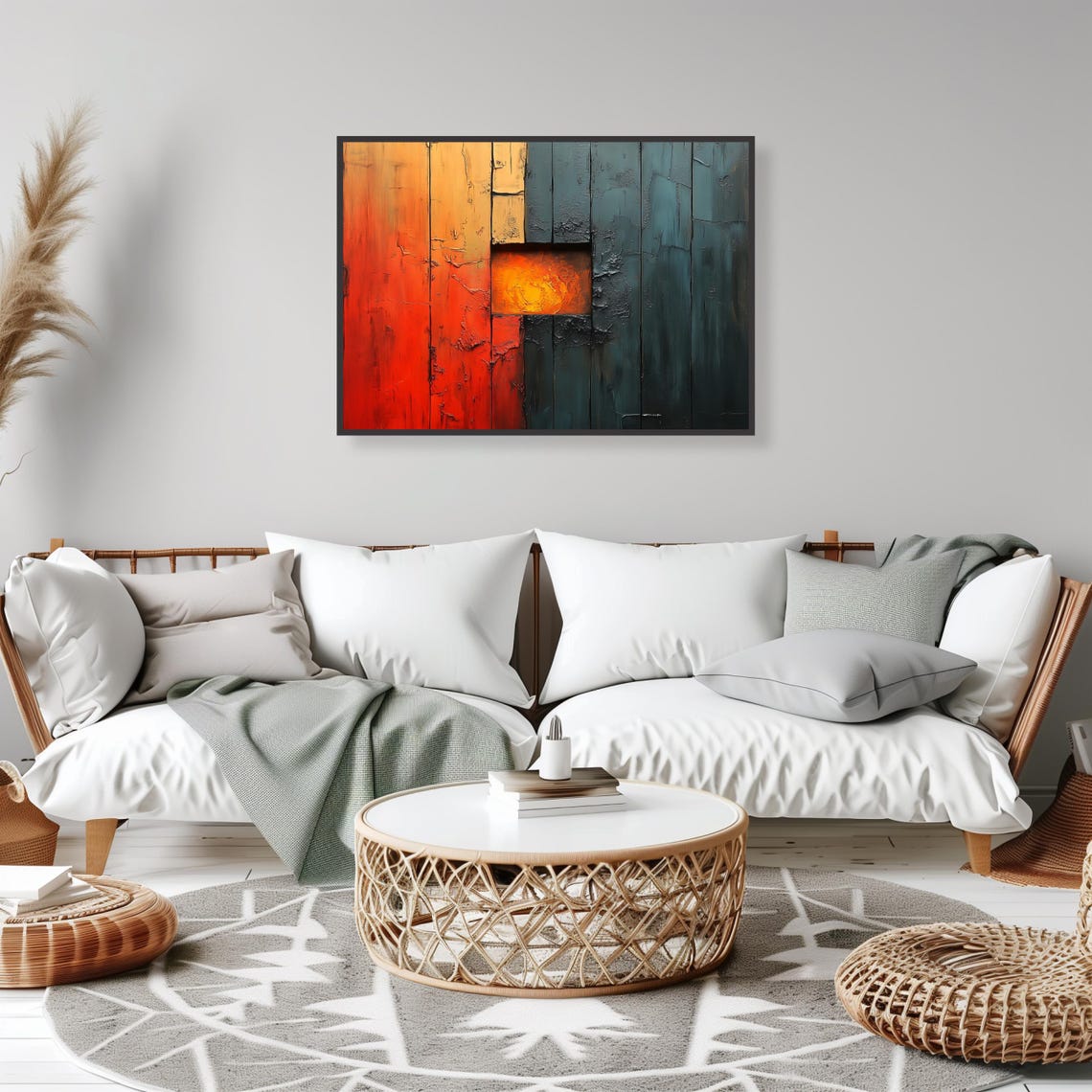 Abstract Sunset Window Teal Wood Panels Modern Minimalist Art Print - Image 2