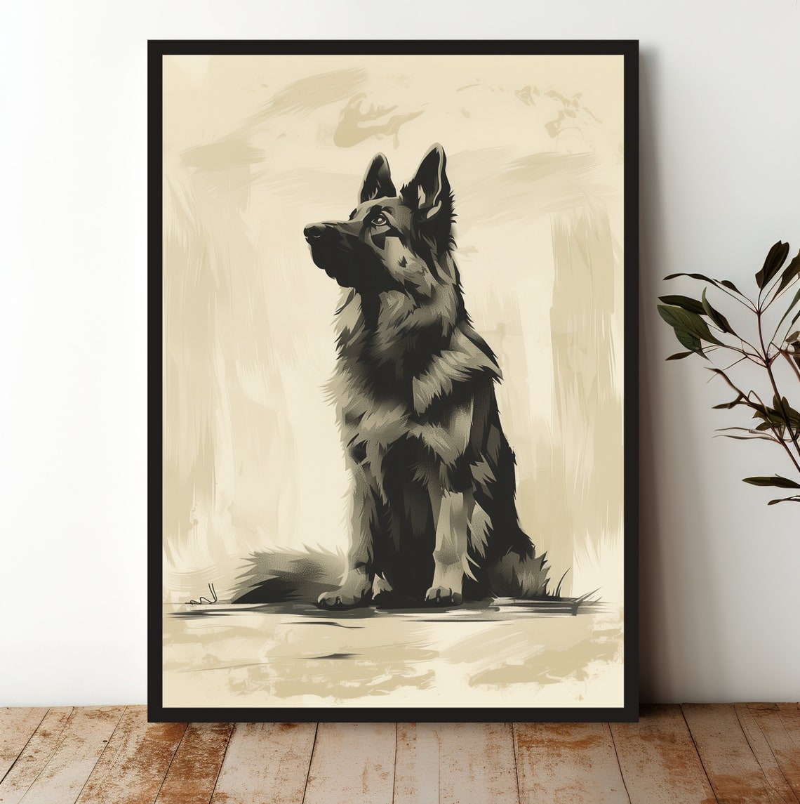German Shepherd Ink Wash Sketch Sitting Noble Dog Portrait Poster