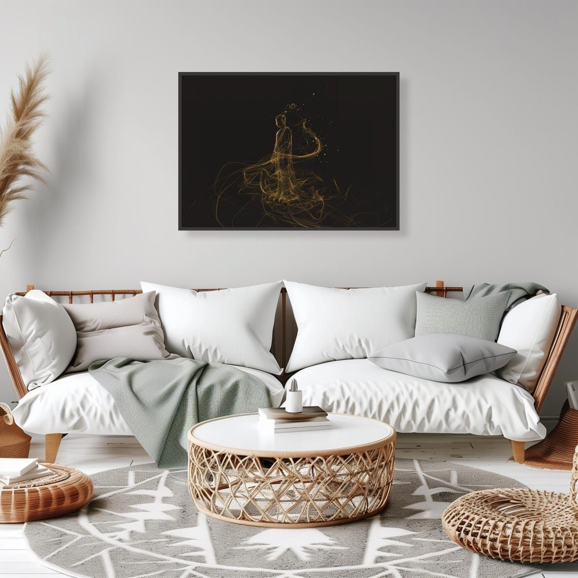 Golden Monk Line Art on Black Minimal Spiritual Meditation Art Print - Image 2