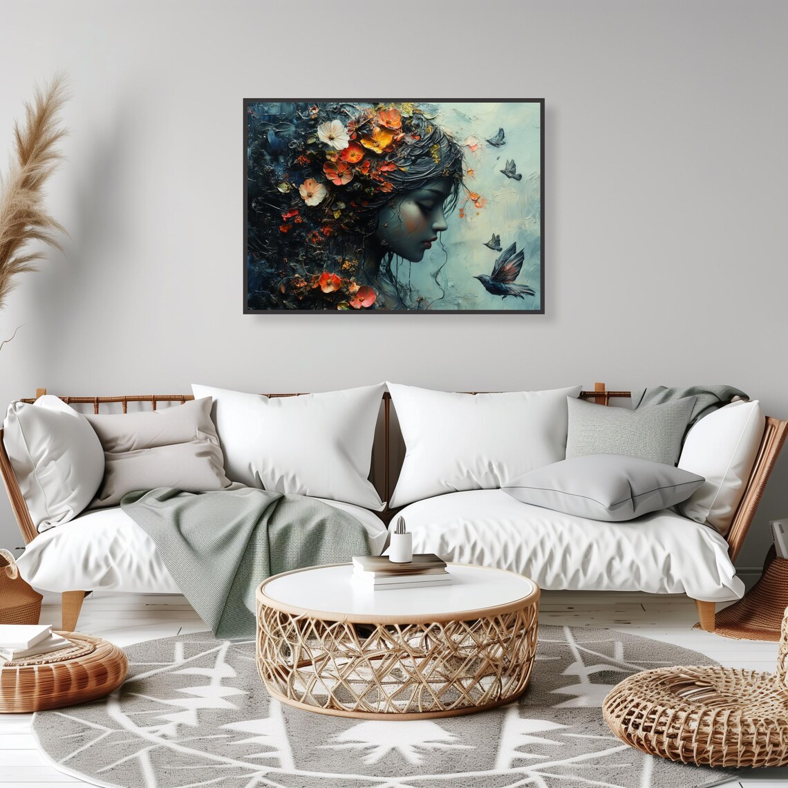 Dreamy Floral Woman Portrait With Flying Birds Scene Art Print - Image 2