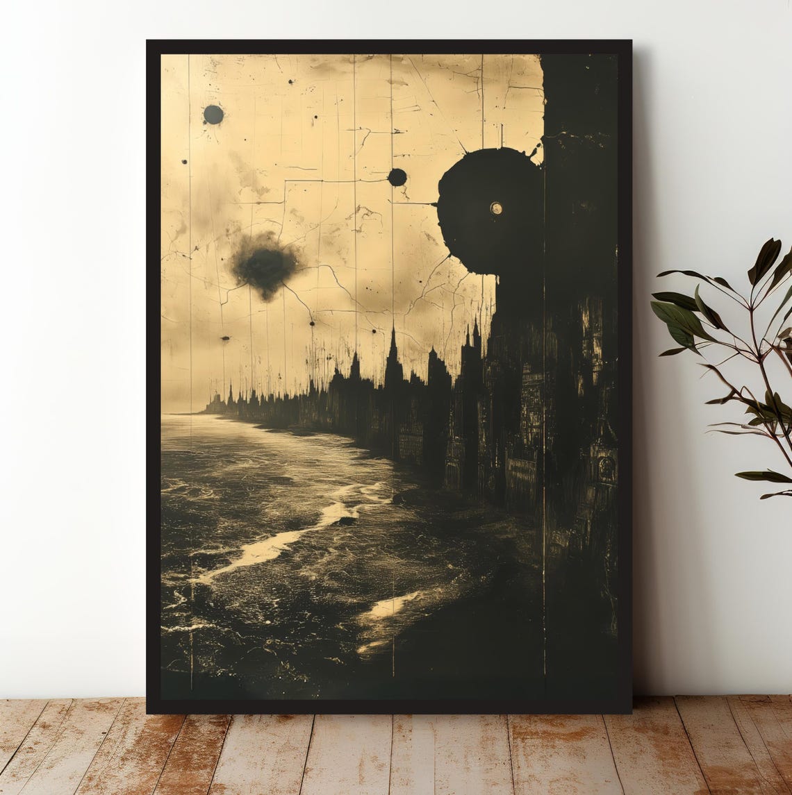 Sepia Gothic Cityscape Dark Orbs Moody Nightscape Art Poster