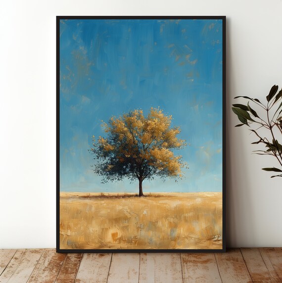 Peaceful Landscape Wall Art Print Lone Tree In Golden Field Serene Nature Dcor For Home Or Office Museum Quality Unframed Art