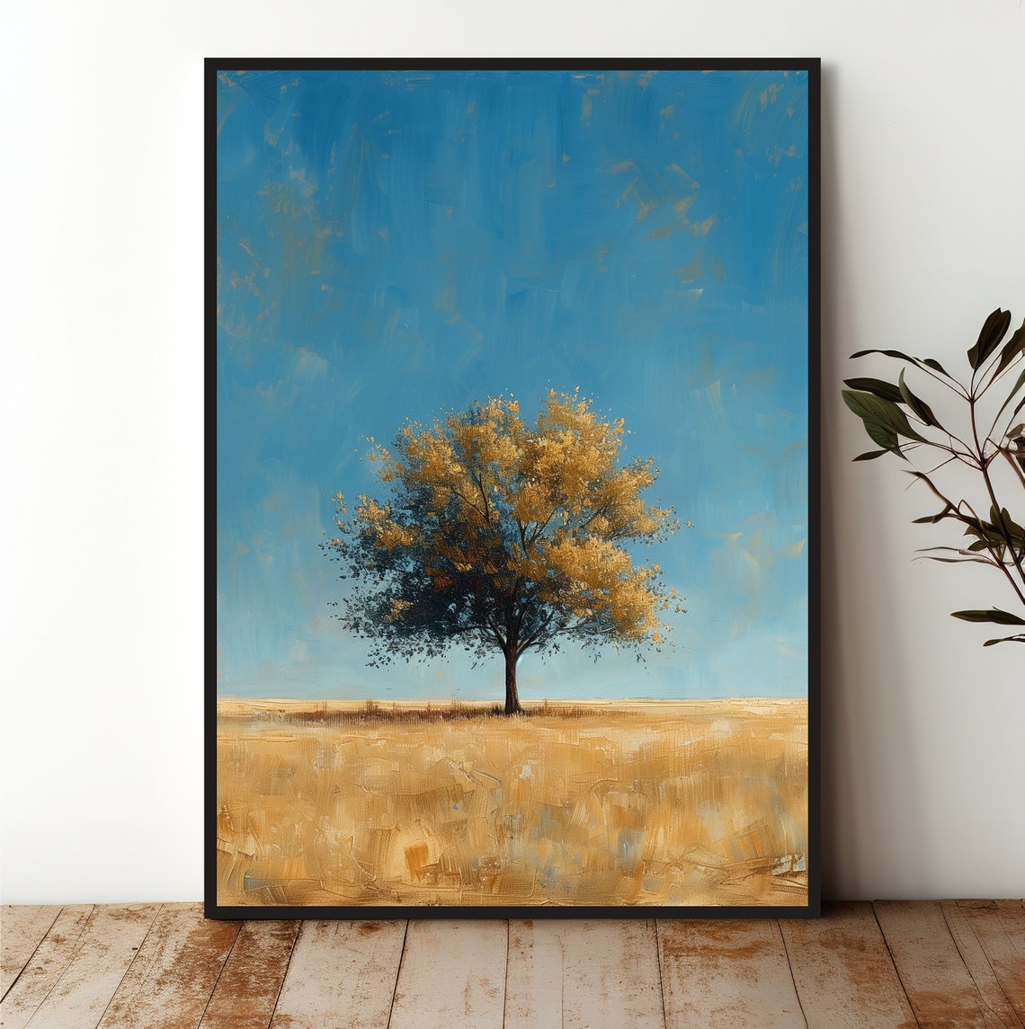 Lone Golden Tree Minimalist Field Blue Sky Landscape Art Poster