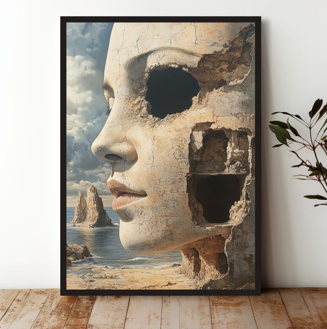 Crumbling Stone Face Surreal Coastal Cliff Portrait Art Poster